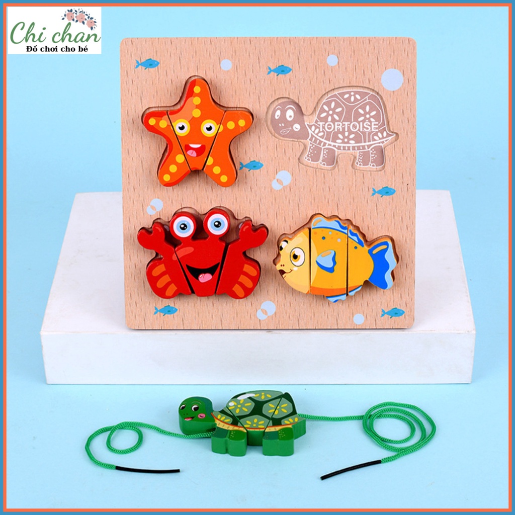 Đồ chơi gỗ xếp hình 3D kiêm luồn dây luyện kỹ năng cho bé, montessori, đồ chơi giáo dục - Chi chan 011