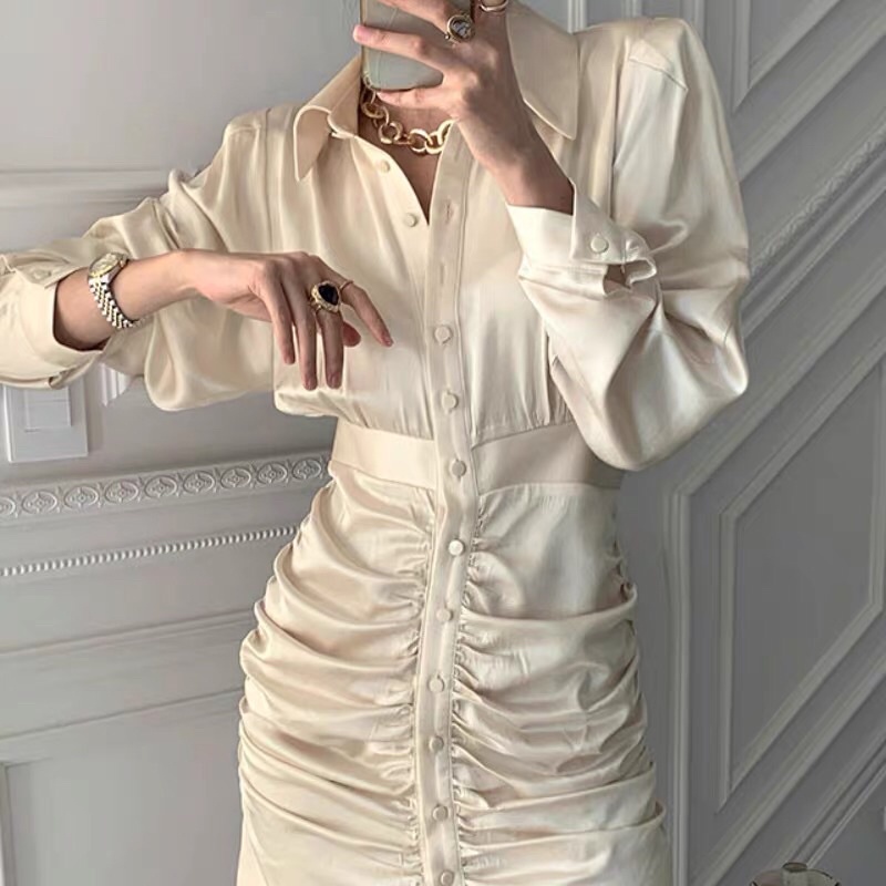 VÁY SƠ MI DÀI TAY DÁNG ÔM BODY NHÚN TRƯỚC PHONG CÁCH HÀN QUỐC