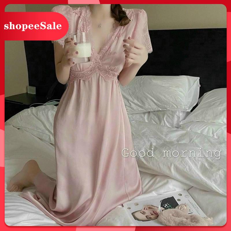 Váy ngủ tiểu thư Dáng dài màu trơn Lụa cao cấp quảng châu cao cấp