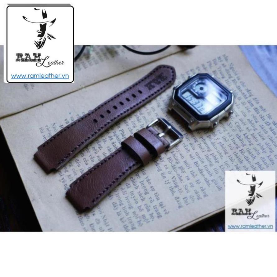 (Made in VietNam) DÂY ĐỒNG HỒ DA BÒ CÀ PHÊ SỮA - DA BÒ THẬT - RAM CÀ PHÊ SỮA - RAM LEATHER - SIZE CASIO AE1200/SEIKO5