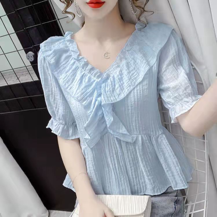 Áo Thun Tay Ngắn Cổ Chữ V Phối Bèo Thanh Lịch Thời Trang Mùa Hè Cho Nữ
