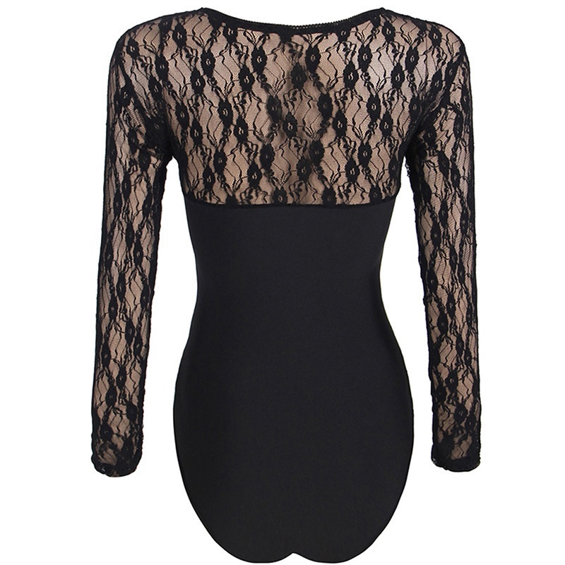 Women Sheer Black Mesh Lace Bodysuit Round Neck Long Sleeve Leotard | BigBuy360 - bigbuy360.vn