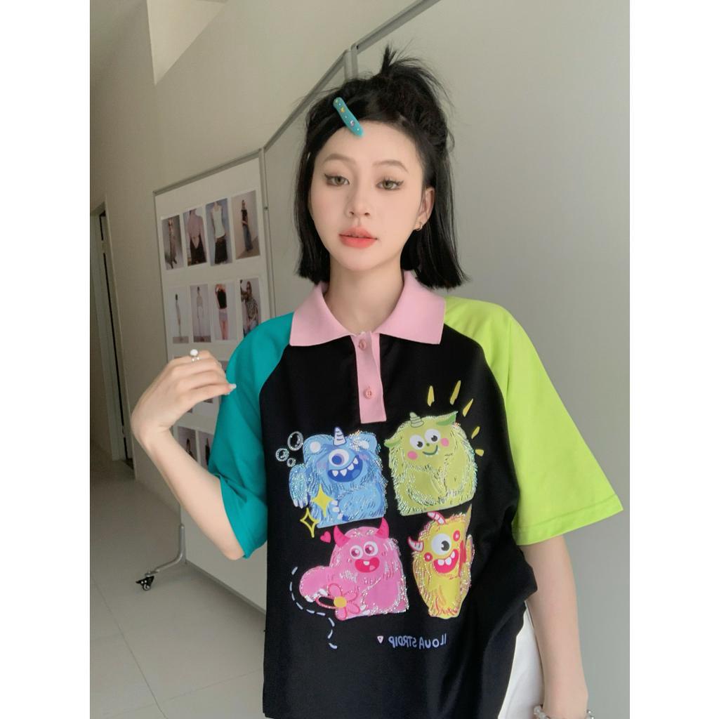 「 WELOVE1 」Áo Thun Cotton Tay Ngắn Raglan In Họa Tiết Hoạt Hình Màu Tương Phản Đa Năng Cho Nữ