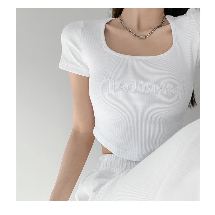 Áo Thun Crop Top Tay Ngắn Cổ Vuông Thêu Chữ Cho Nữ JL-TX-367