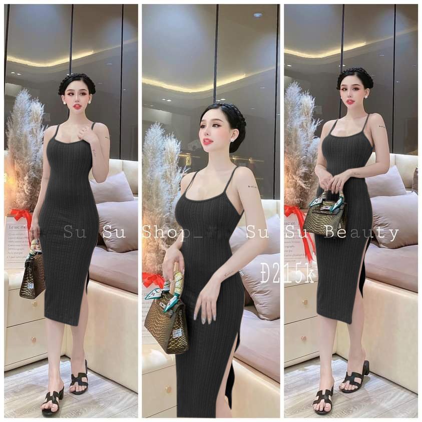Đầm xốp 2 dây ôm body xẻ tà trơn cực xinh , chất thun xốp dày dặn