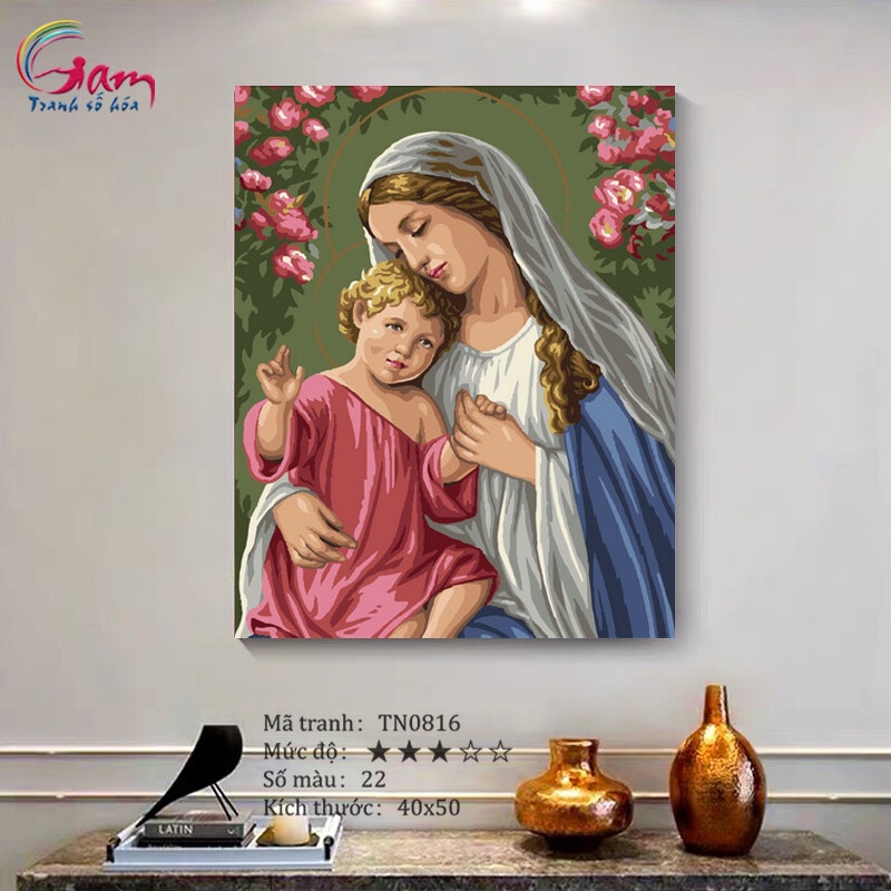 Tranh tô màu theo số Công giáo Đức mẹ Maria và Chúa hài đồng căng khung 40x50cm dày 2.5cm TN0816