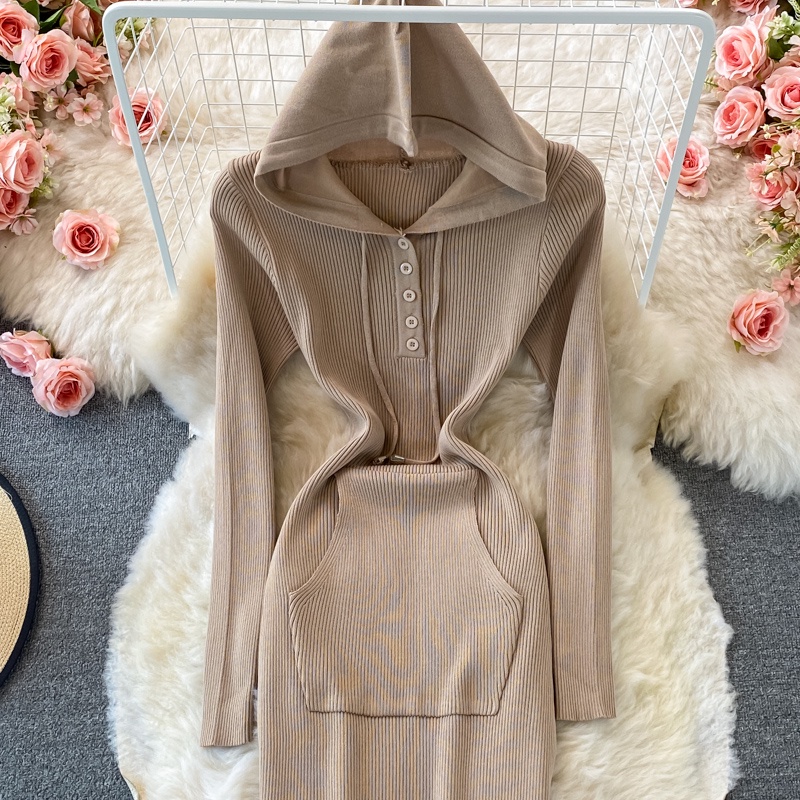 Đầm len có mũ, váy len dệt kim dáng ôm Đ895