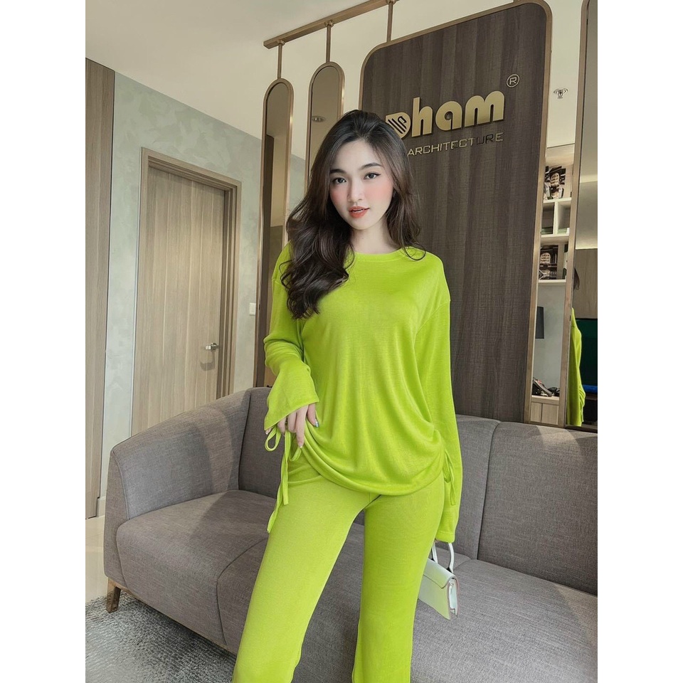 [9.9 Sales Freeship] Set bộ thun trơn from thụng nhiều màu sắc, set áo tay dài rút dây hông quần ống loe cá tính dx