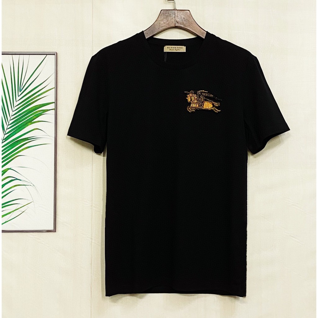 Burberr  Summer 2020 men's short-sleeved T-shirt, round neck, horse badge embroidered chest, no gloss, no fading, black