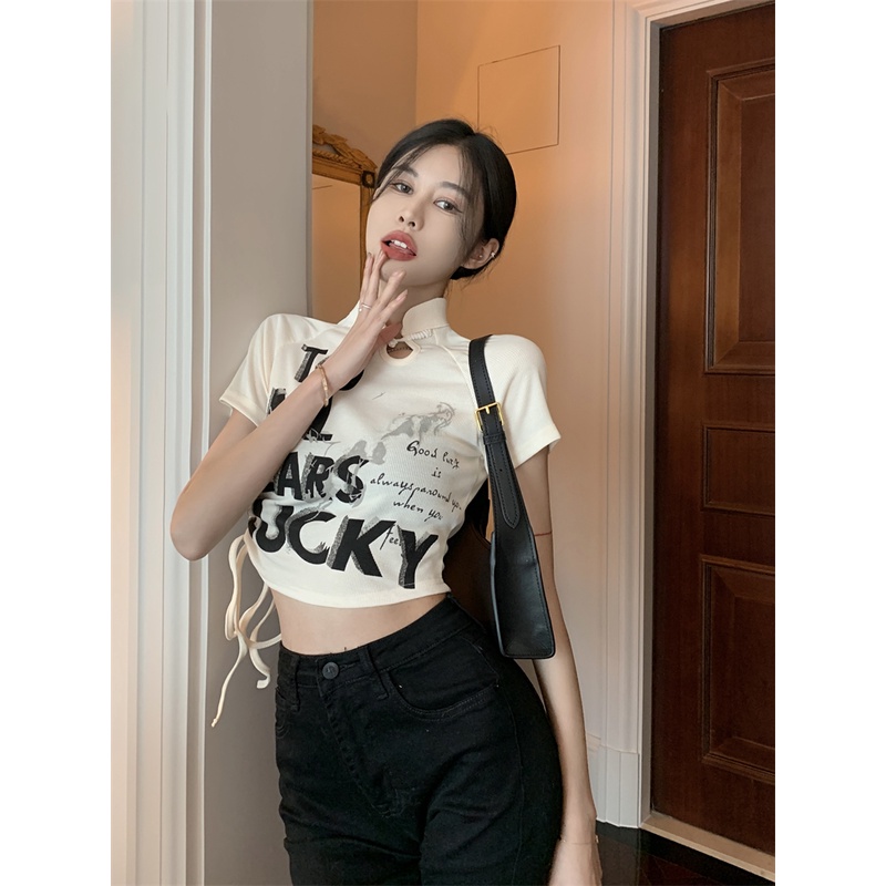 QKOOLE  Áo Thun Croptop Tay Ngắn Phối Dây Rút In Họa Tiết Kiểu Hàn Quốc Xinh Xắn Cho Nữ