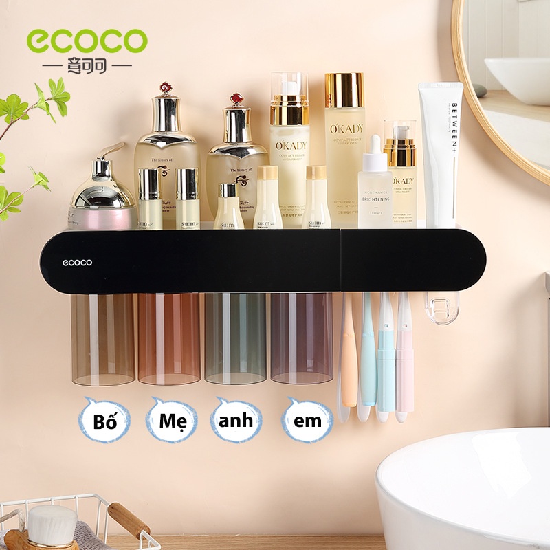 Bộ nhả kem đánh răng tự động ecoco,kệ nhà tắm dán tường kèm cốc đánh răng từ tính