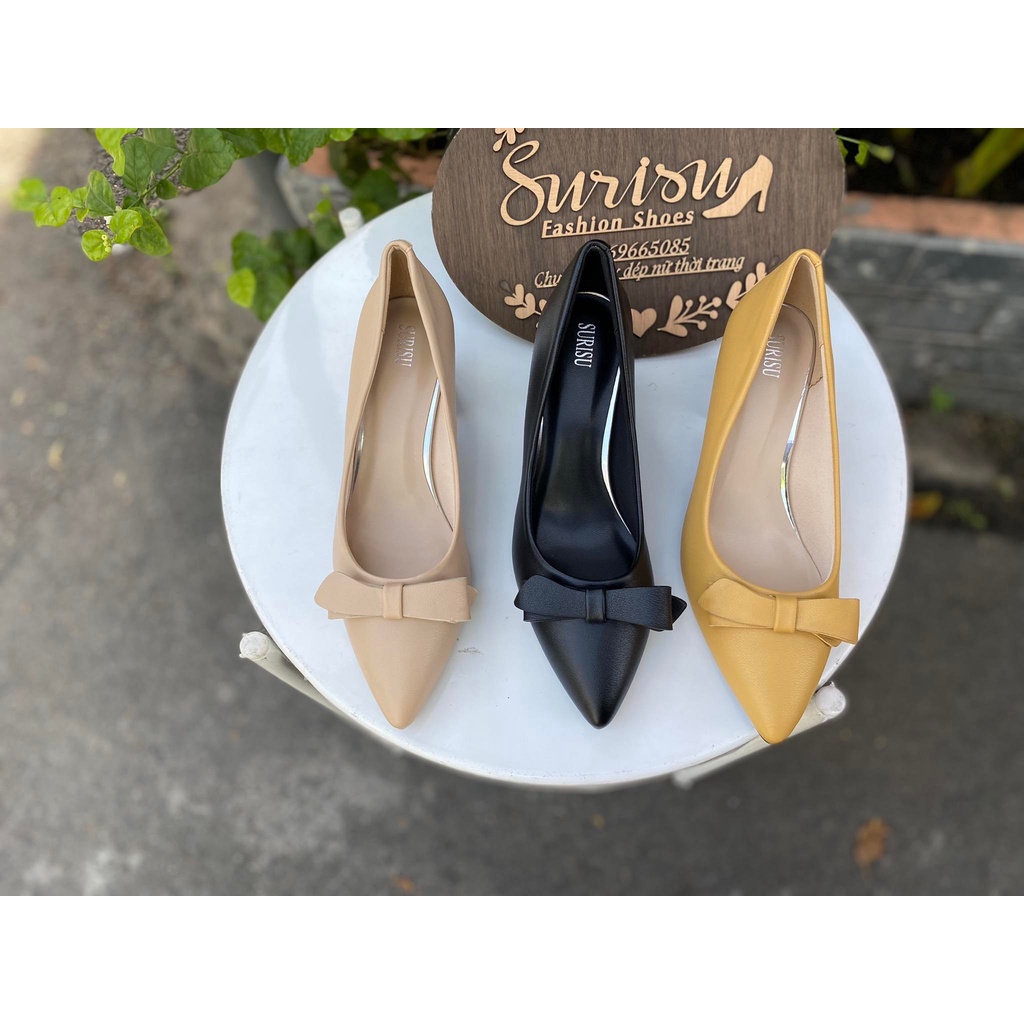 ✅ Gót vuông 5cm mũi nhọn nơ lót mút rất êm chân - Ms:5247