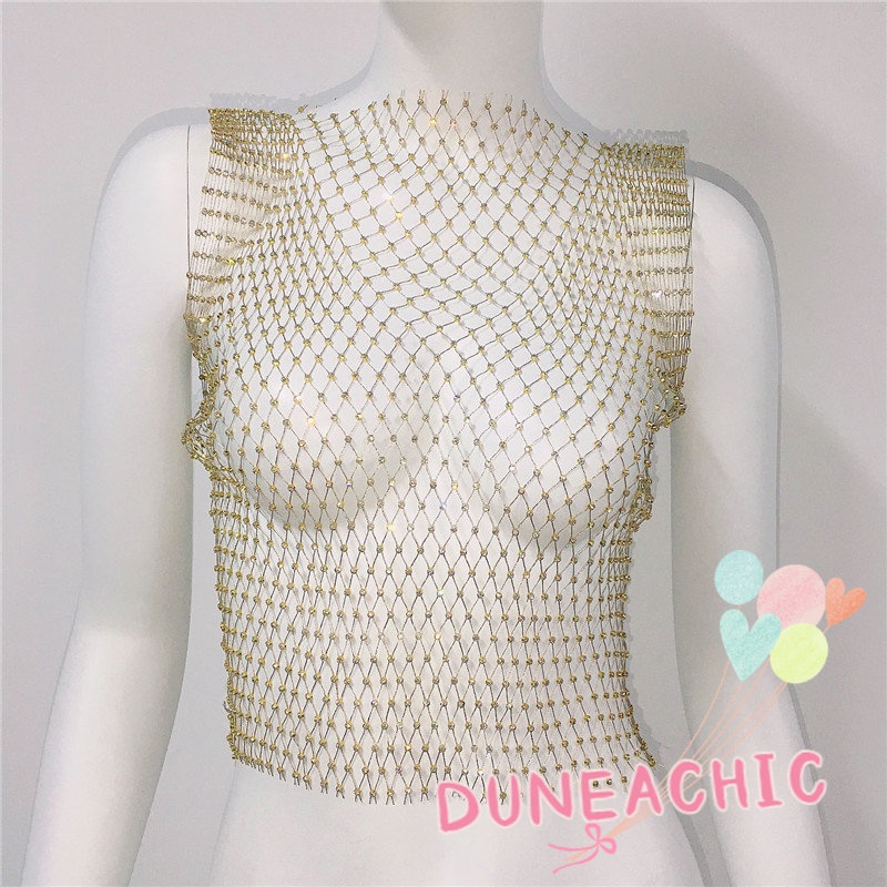 DUNEA Áo hai dây phối lưới lấp lánh quyến rũ cho nữ