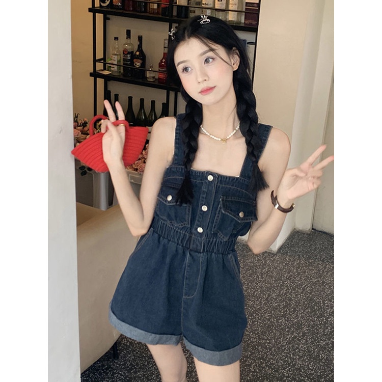 Jiashucheng Quần Yếm Denim Ngắn Viền Xoăn Ống Rộng Thời Trang Mùa Hè 2023 Phong Cách Retro Mới Cho Nữ