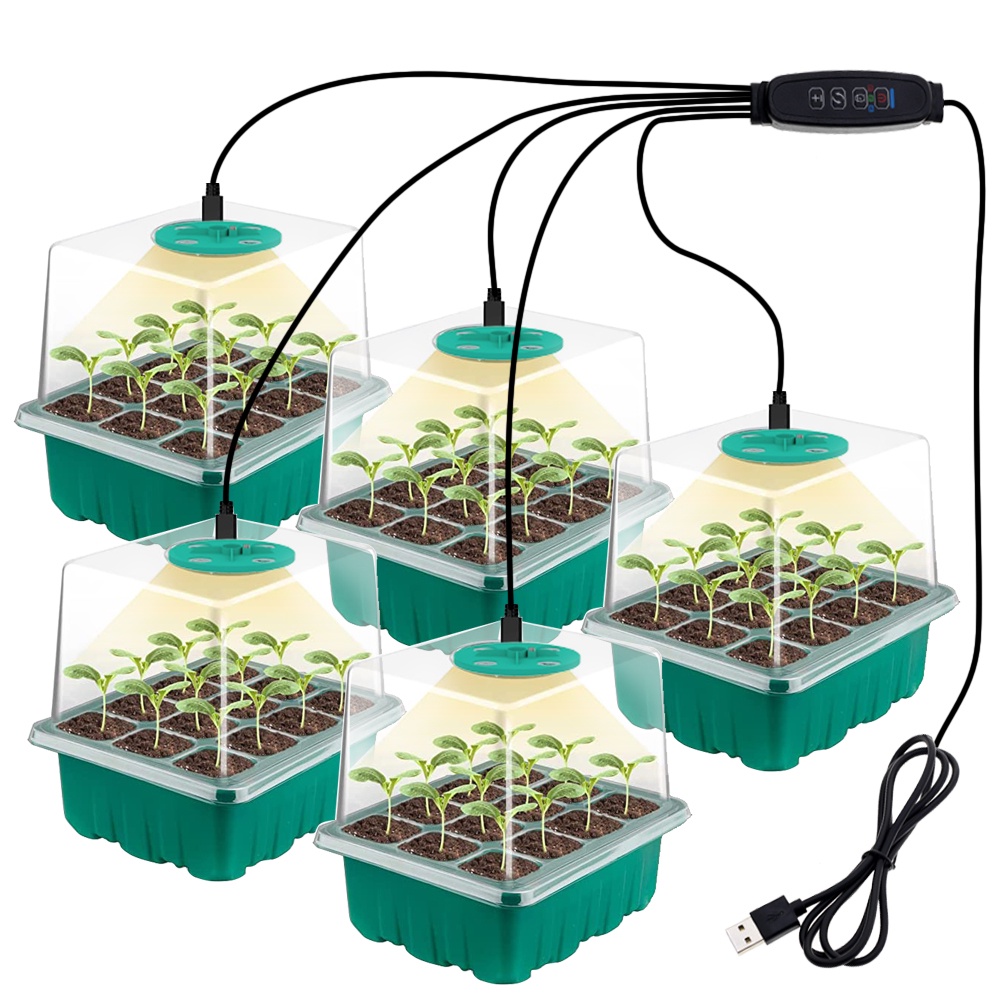 Set 5 Khay Gieo Hạt Trồng Cây 12 Lỗ Có Đèn LED Và Công Tắc Thời Gian Cho Nhà Kính