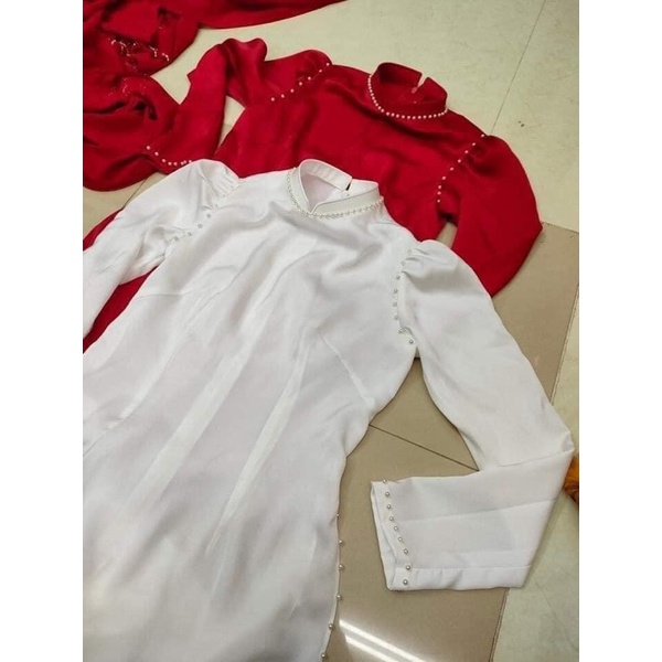 Áo dài dâu vai bồng đính hạt cổ, dọc vai tay tà áo ÁO DÀI BÍCH THÊU BT007