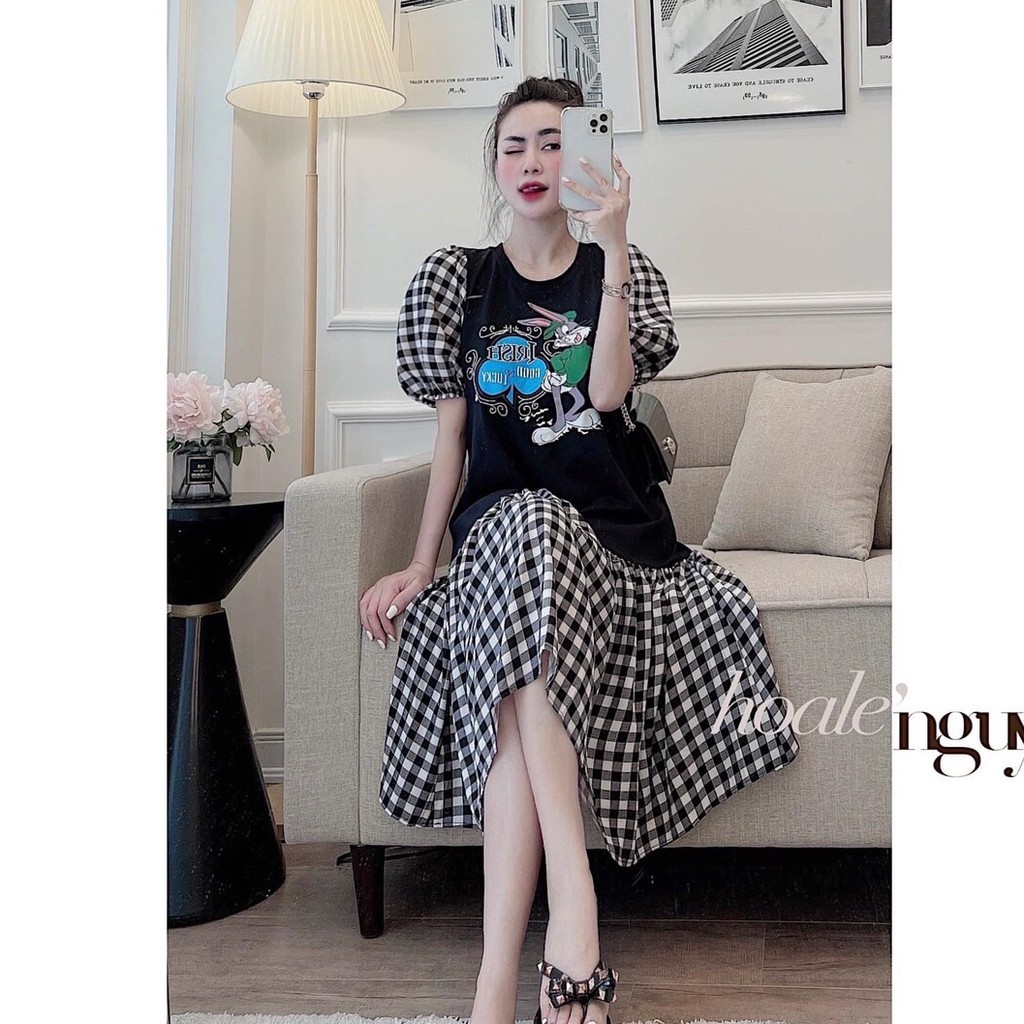 1Váy Cotton Dáng Dài Đuôi Cá- Váy Phối Kẻ Caro