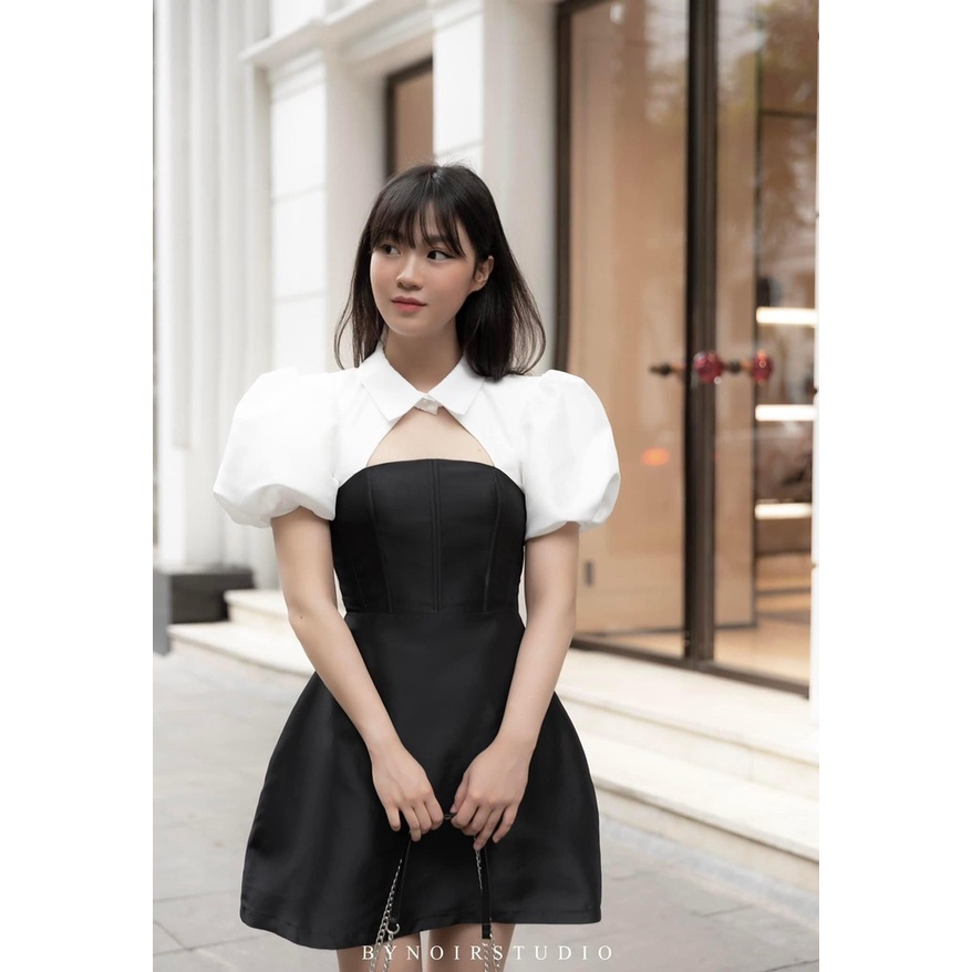 Váy tác ta phối cut out,chất tác ta lên phom mix phối tay bồng cut out chanh xả quyến rũ