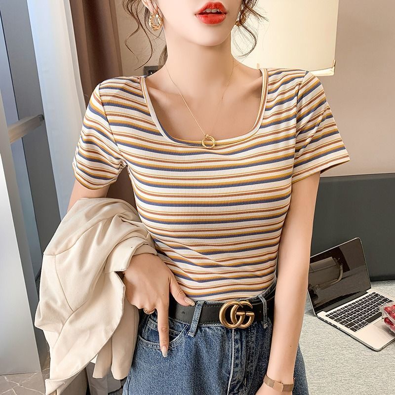 Áo Thun Cotton Cổ Vuông Ngắn Tay Họa Tiết Kẻ Sọc Thời Trang Mùa Hè Hàng Mới Dành Cho Bạn Nữ 2022