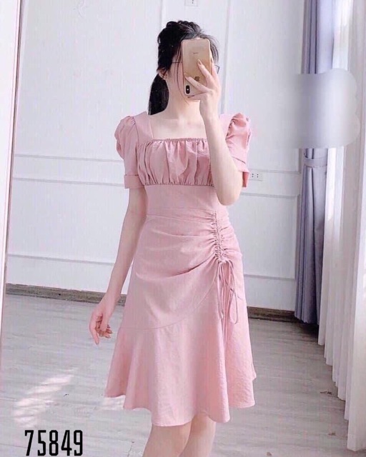 [Kèm ảnh thật]🍒Đầm trắng dự tiệc xoè nhẹ ngực nhún tà rút dây (Free/big size XL, 2XL) | BigBuy360 - bigbuy360.vn