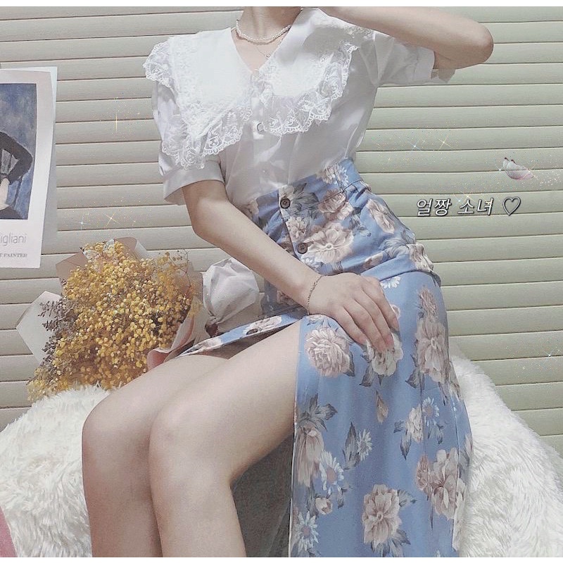Set áo sơ mi trắng + chân váy hoa xẻ tà phong cách thanh lịch tiểu thư 🦋