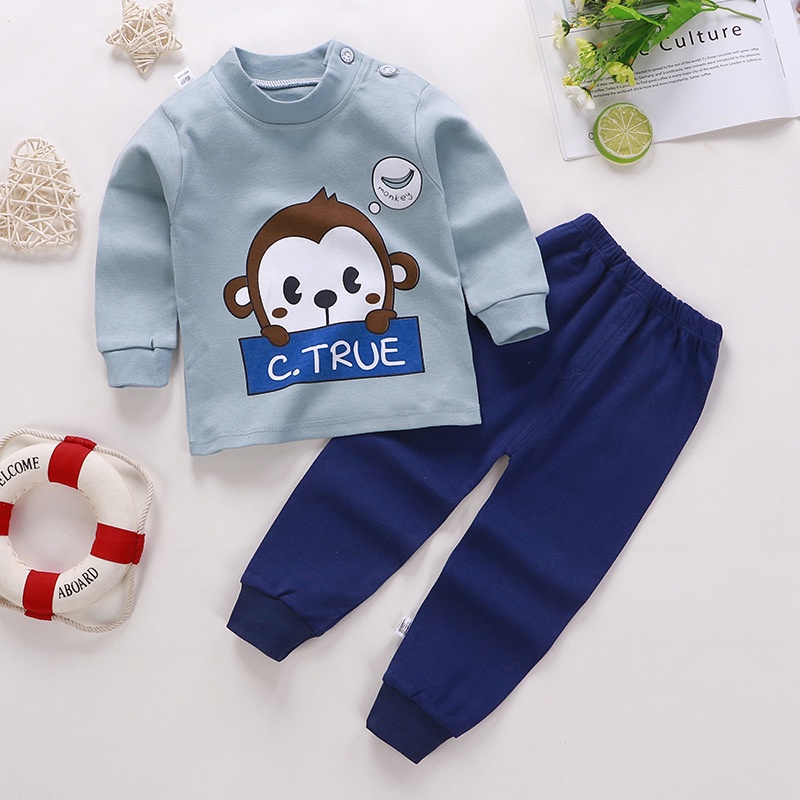 Bộ đồ ngủ tay dài chất liệu cotton in họa tiết hoạt hình thời trang thu đông phong cách Hàn Quốc cho bé 65-135cm