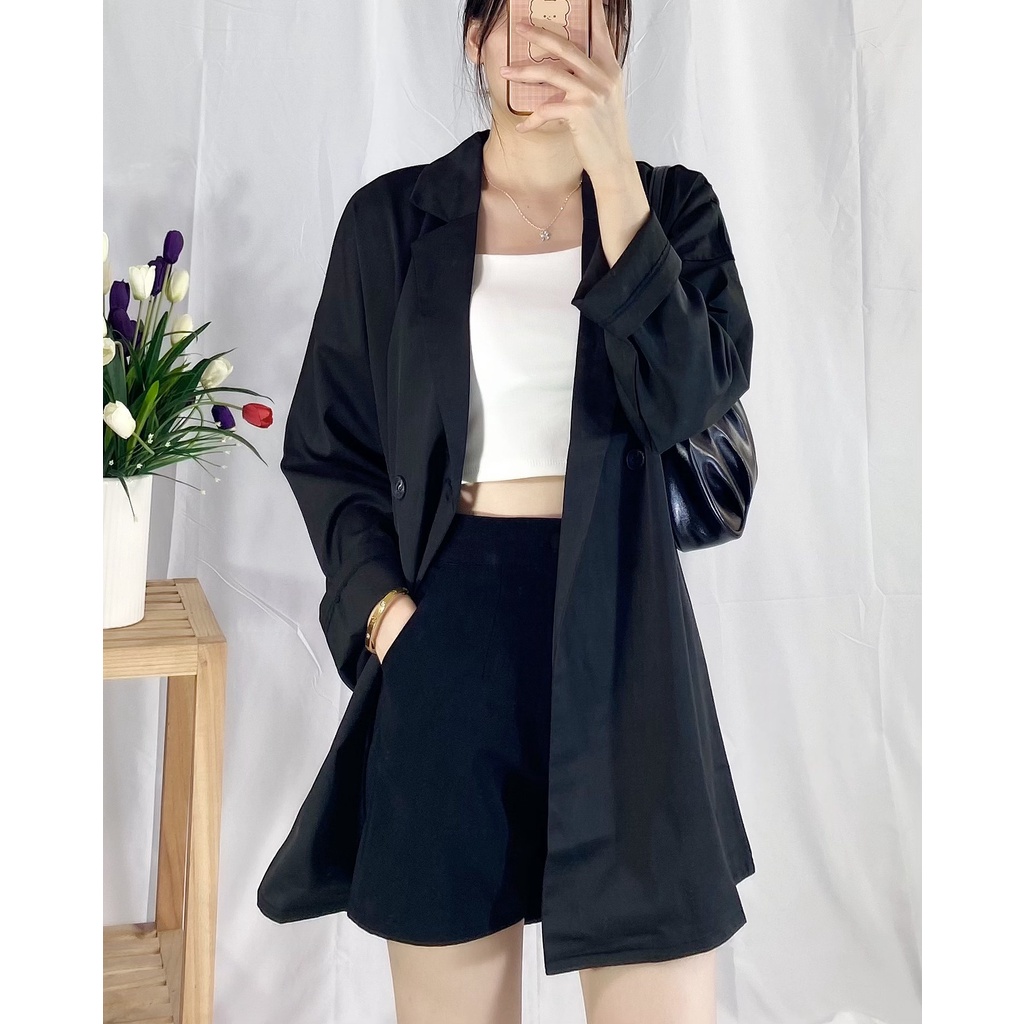 Áo blazer sang chảnh màu đen trắng xanh _ Áo vest_ áo blazer nữ vải trượt vạt bầu dáng rộng | BigBuy360 - bigbuy360.vn