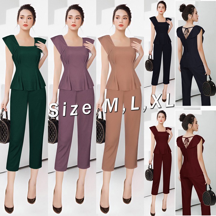 Set bộ áo cổ vuông thắt nơ quần lửng