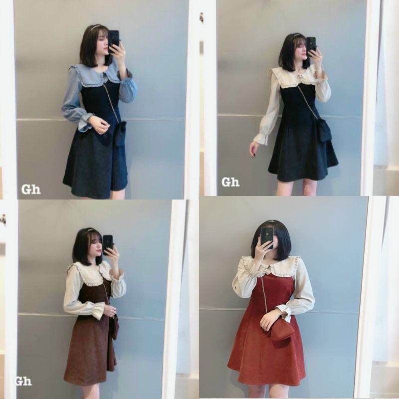 Đầm Xòe Tay Bồng Phối Màu Cổ Bèo, Váy Xòe Dáng Vintage Chất Nhung Tăm Kèm Túi Dây Xích Thời Trang Thu Đông Sang Chảnh | BigBuy360 - bigbuy360.vn