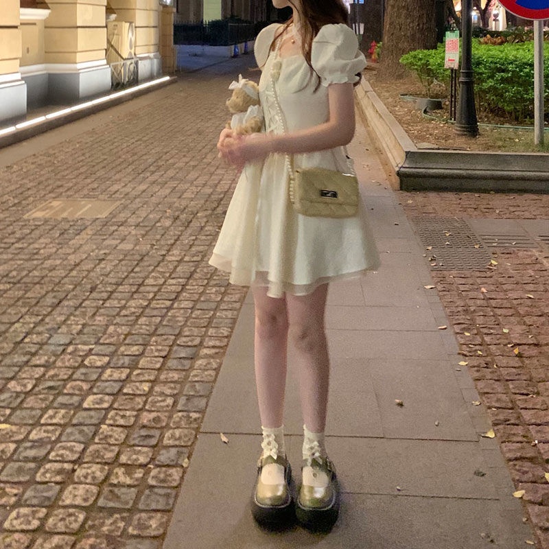 Đầm Công Chúa Tay Phồng Cổ Vuông Phong Cách retro Pháp Thời Trang Cho Nữ