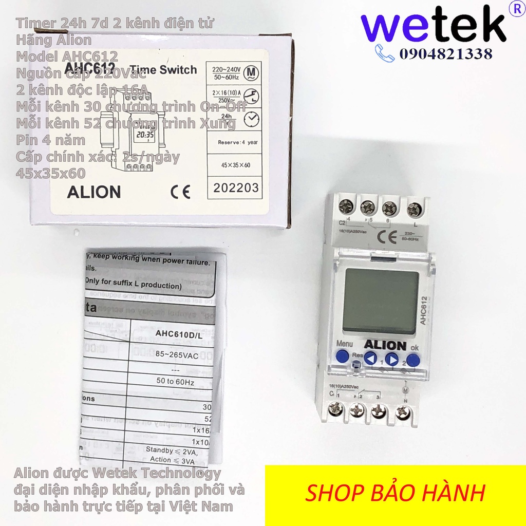 Công tắc hẹn giờ timer 24h 7 ngày Alion AHC-612 điện tử, 2 kênh, 30 on/off, tiếp điểm 16A cho chiếu sáng, quảng cáo, bơm