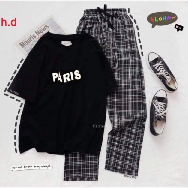 (Sỉ) Sét Đồ Bộ Nữ Xinh Cute Quần Caro Kate Ống Rộng Phối Áo Thun Nữ Form Rộng Tay Lỡ Thời Trang Trẻ Teen Hàn Quốc (NHIỀU
