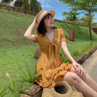Đầm Eropi cột nơ trước ngực tùng tầng xoè