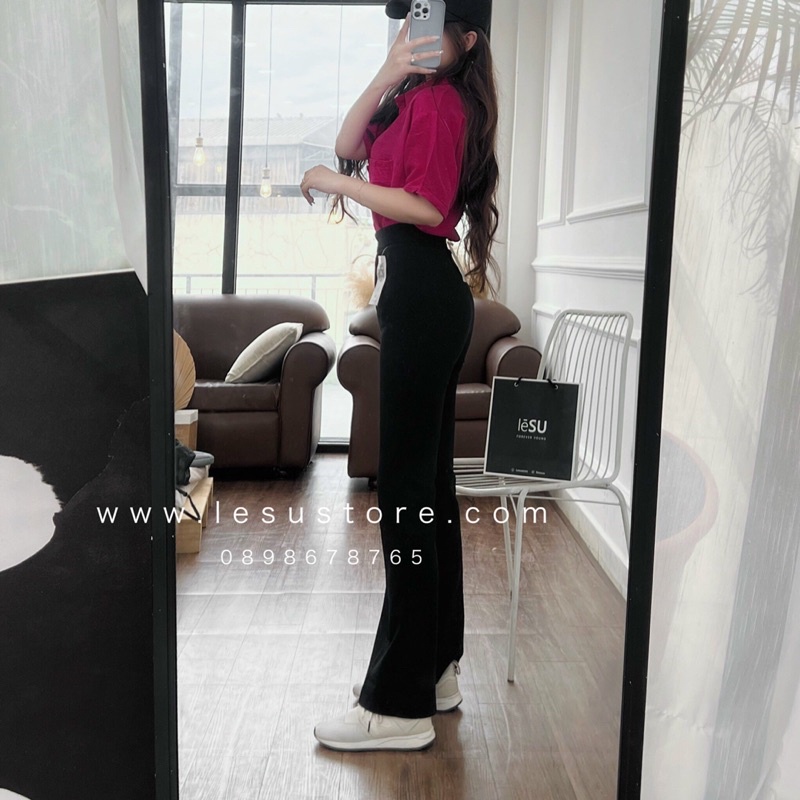 ẢNH TỰ CHỤP Quần loe tây trơn không túi lưng cao ĐEN