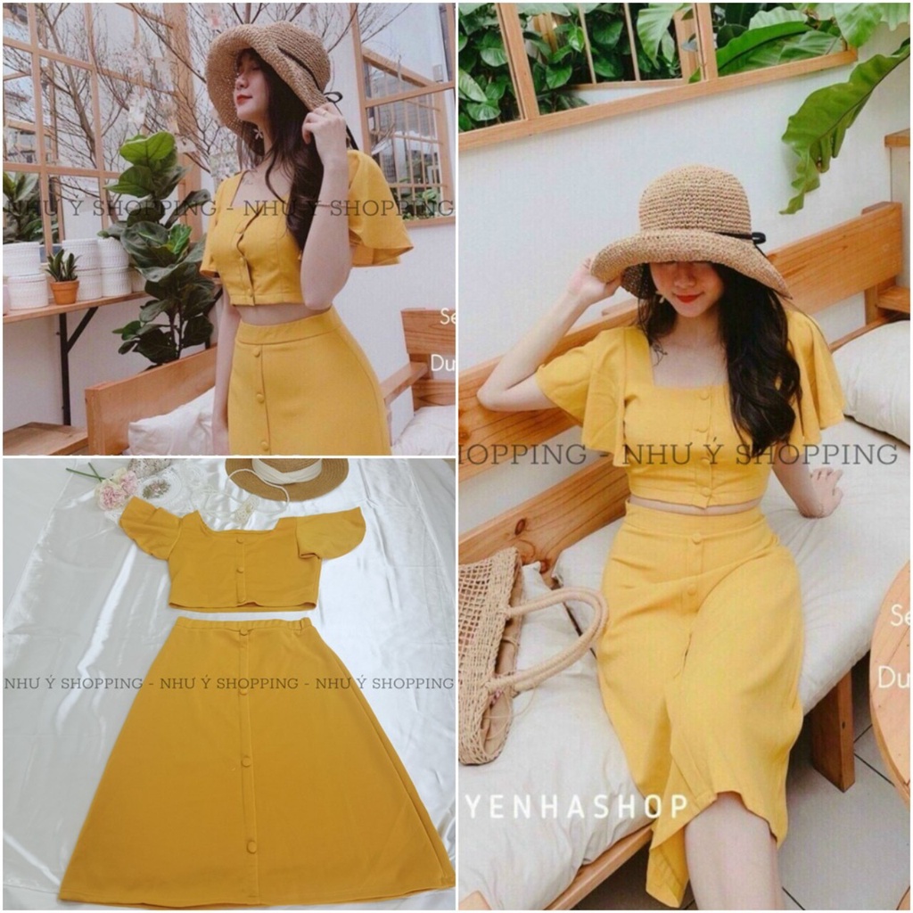 Set váy vàng áo drop top tay bèo chân váy đính nút chất umi mềm-setvang
