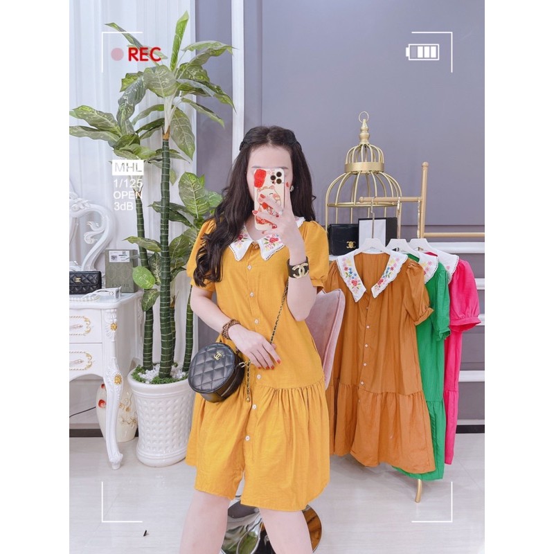 Đầm suông babydoll cổ thêu hoa, Đầm suông cổ áo thêu hoa