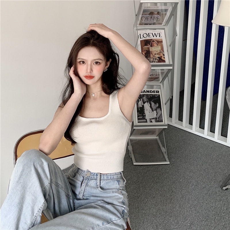 Porozi  Áo croptop  dệt kim không tay dáng ôm phong cách Hàn Quốc