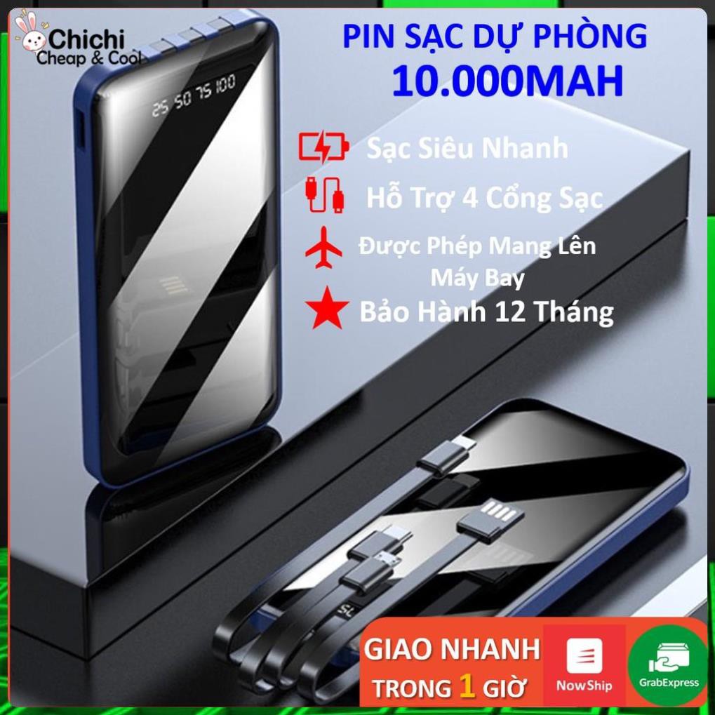 Sạc Dự Phòng 10000mAh Mặt Kính Tích Hợp 4 Cổng Sạc USB/Type C/Lightning/Micro USB s