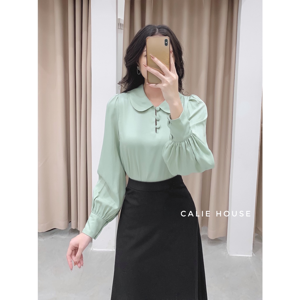 Áo sơ mi lụa nữ cổ sen cúc bọc dáng basic thanh lịch thời trang công sở Calie House A342