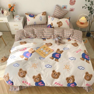 Bộ gấu bear trắng ga kẻ set chăn ga gối cotton living 100% hàn quốc