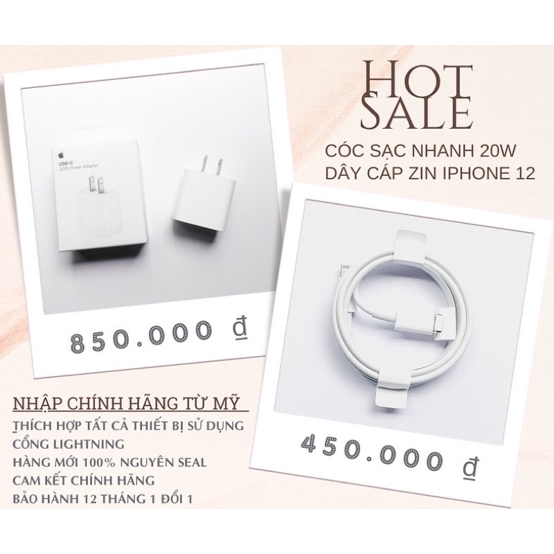 Cóc sạc 20W chính hãng Apple cần thiết cho iphone 12/13 và cáp sạc zin theo máy iphone 12/13