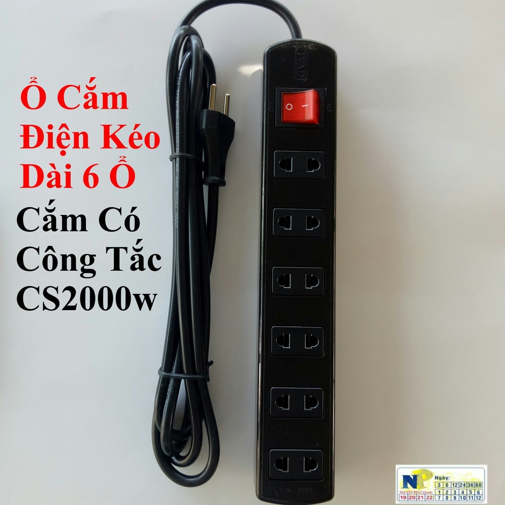 Ổ cắm điện kéo dài Nival 4ổ, 5ổ, 6ổ 1 CỒN TẮC ĐÈN lõi sứ 2200w MÀU ĐEN