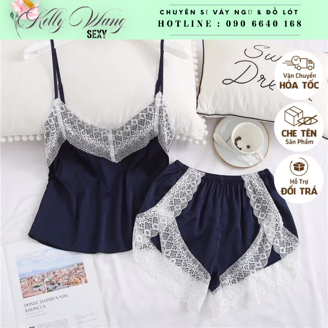 SX251 - Bộ ngủ lụa satin Phối ren KELLY WANG