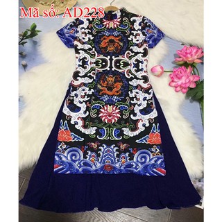 Áo Dài Cách Tân Có size XXL cổ trụ họa tiết rồng phụng kèm chân váy xanh đen AD228