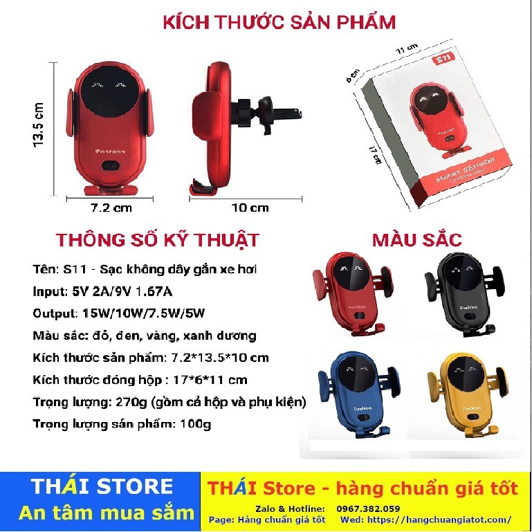 Kẹp/giá đỡ điện thoại kiêm sạc không dây ô tô 15W- Smart Senssor S11 cao cấp cực đẹp giá gốc (mã T04)- bảo hành 6 tháng