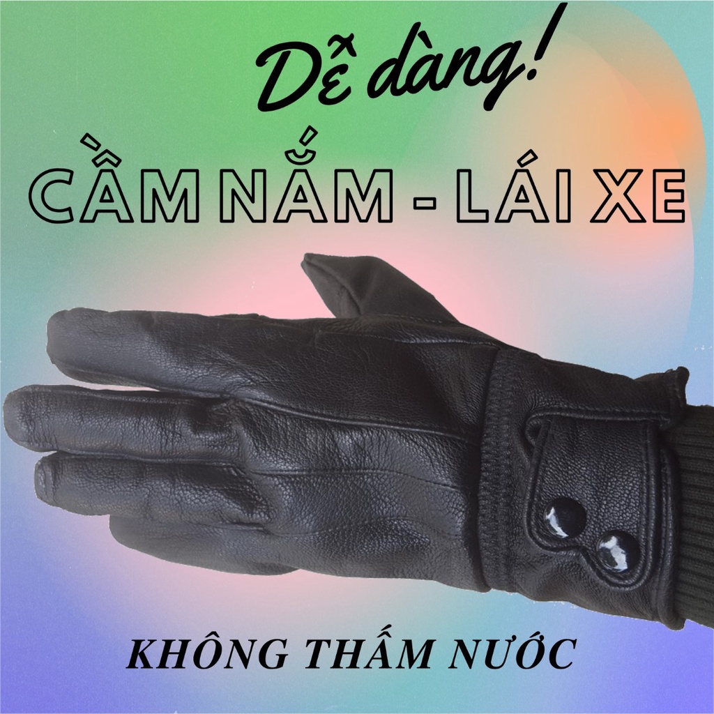 Găng Tay Da Dê Cài 2 Khuy Nam Màu Đen Đi Mưa Thoải Mái, Dễ Lái Xe - Không Bong, Không Nổ - Bảo Hành Da Thật 3 Năm