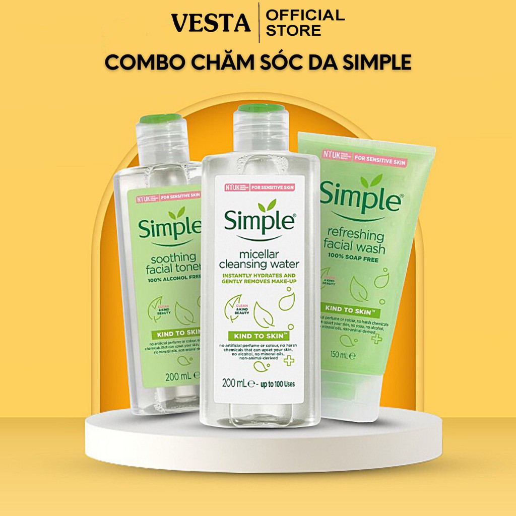 Combo Simple ( Sữa Rửa Mặt + Nước Tẩy Trang + Toner Nước Hoa Hồng + Kem Dưỡng Ẩm Da ) Tẩy Tế Bào Da Chết Dịu Nhẹ