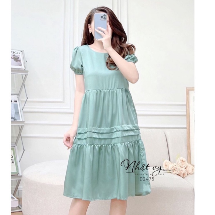 Đầm váy bầu MAIHOUSE form dáng babydoll đuôi cá cổ tròn tay bo thun chất lụa phù hợp đi chơi cafe sang chảnh - D2475