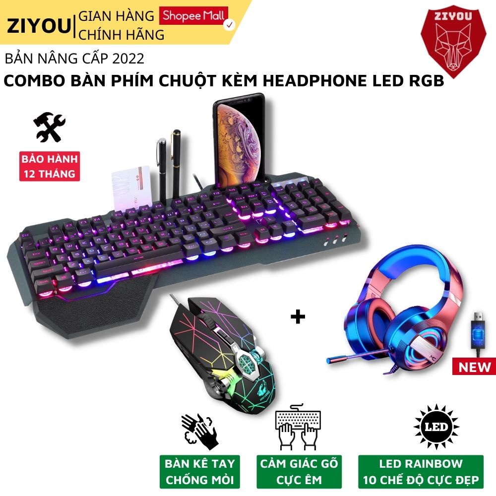 Combo Bộ Bàn Phím Chuột Và Headphone ZIYOU Cao Cấp, Phím Siêu Êm Chống Nước,Tai Nghe Âm Thanh Vòm Super Bass K618+V8+Q9