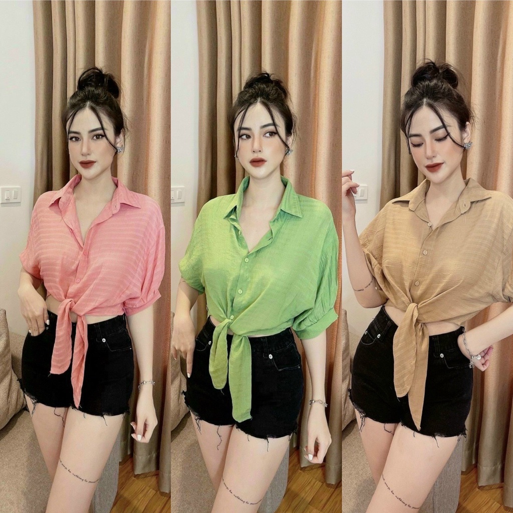 Áo Croptop Vạt Buộc, Áo Cánh Dơi Tay Lỡ, Chất Liệu Đũi Thái Mềm Mại Thoáng Mát, Kiểu Dáng Trẻ Trung